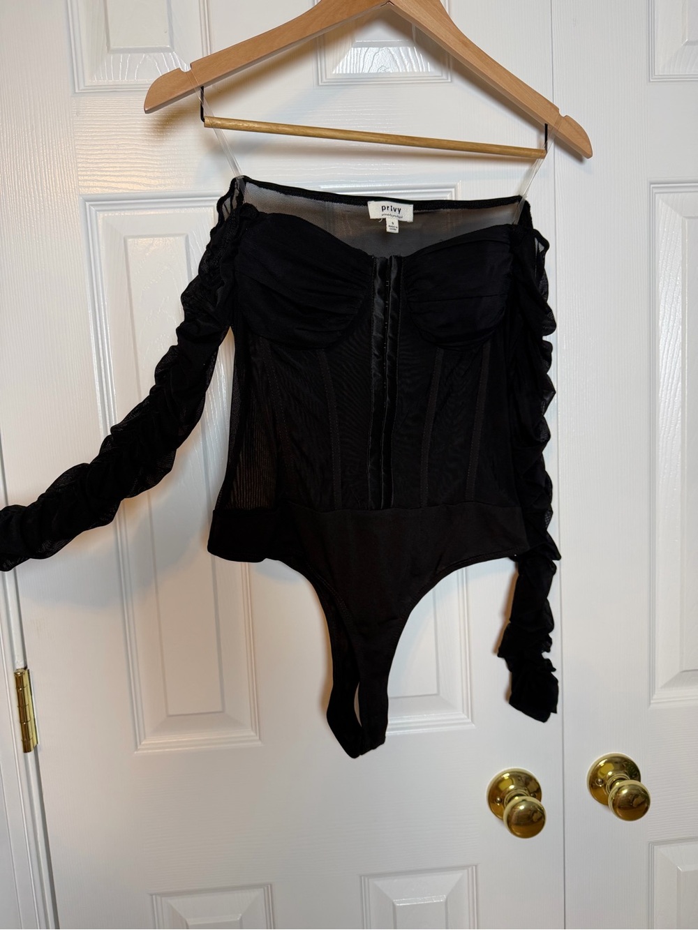 privy Black Off-Shoulder Corset Bodysuit with Ruched Sleeves